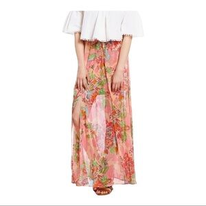 Gianni Bini Pink Floral Sheer Maxi Overlay  Mini Skirt Festival Free Spirit Med